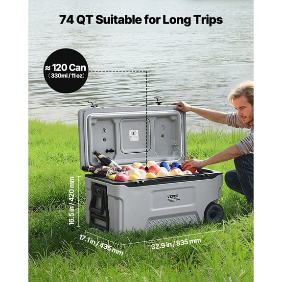 74 QT Portable Wheeled Cooler with Cup Holder, Insulated Design Fits 120 Cans, Ideal for Fishing and BBQs
