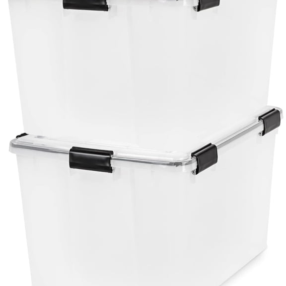 74 Qt Storage Bins with Lids, 2 Pack, BPA-Free Plastic Gasket Box with Tight Latch and Seal, Stackable Nestable Tote Tub - Clear/Black