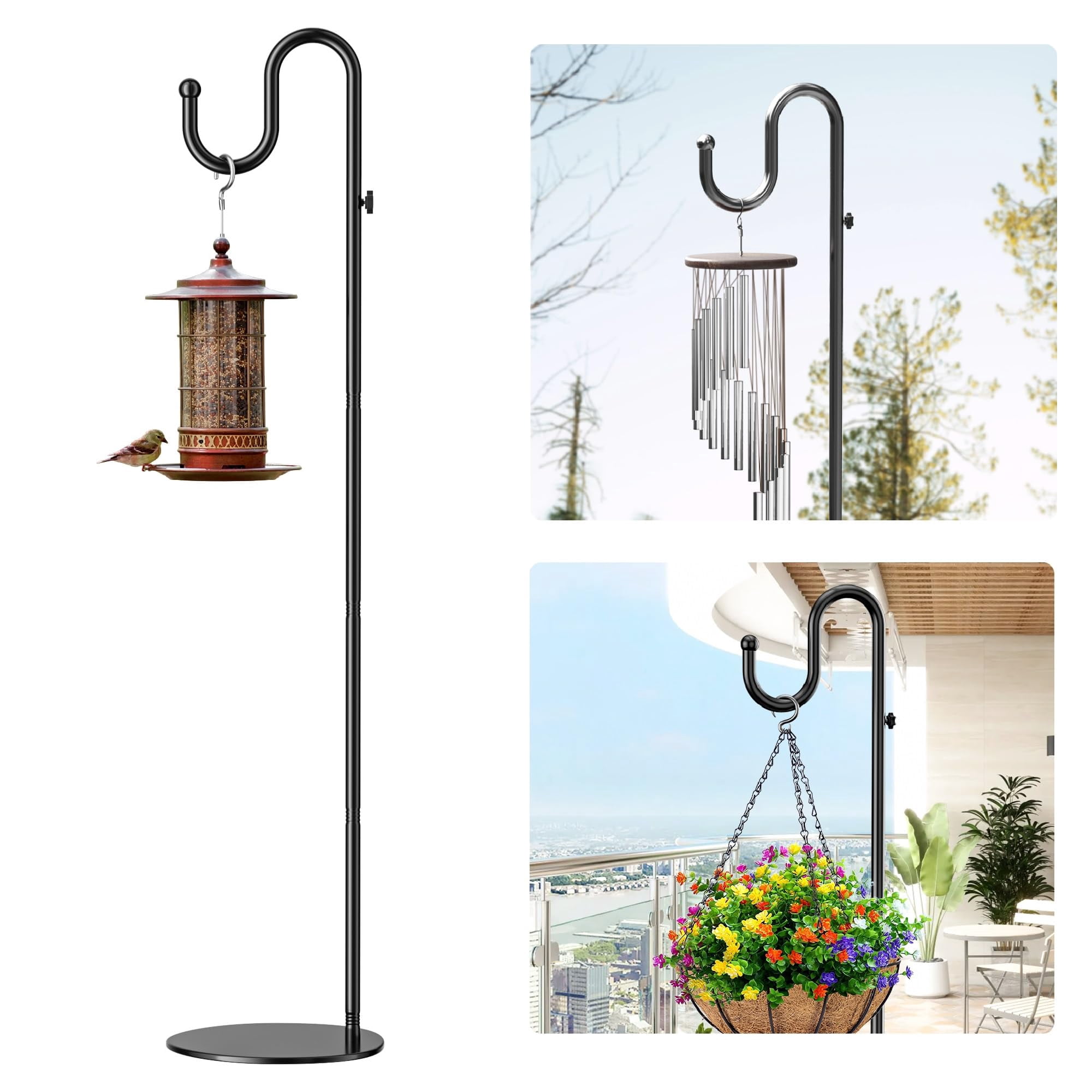 74" Shepherds Hook Stand For Plant: Hanging Bird Feeders  Plants Lanterns Wreath And Wind Chimes Adjustable Free Standing Pole Holder With Heavy Duty Base Indoor & Outdoor Holds Up To 20 Lbs