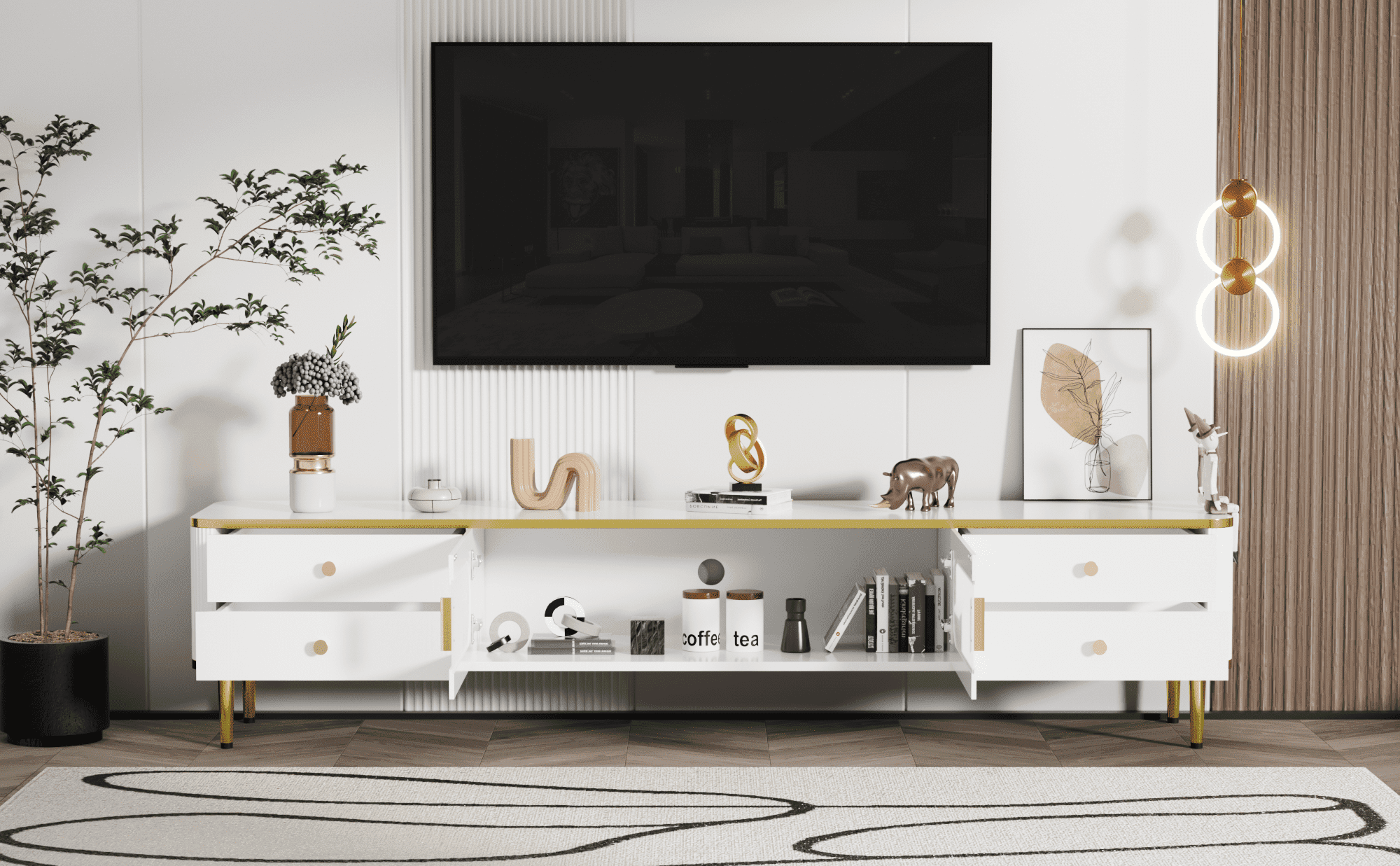74" TV Stand, Modern Television Stands with Cabinet and 4 Drawers, Entertainment Center TV Media ...