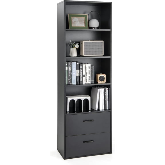 74" Tall 4-Tier Bookcase with Drawers - Freestanding Black Narrow Bookcase with Anti-Tipping Kits, Wood Open Storage Display Cabinet, 4-Cube Bookshelf for Living Room, Bedroom, Office