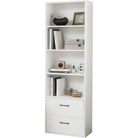 74" Tall Bookshelf, 4-Tier Cube Open Storage Shelves with 2 Drawers, Standing Bookcase with Anti-Tip Kits, Wooden Book Organizer Cabinet for Bedroom, Living Room, Home Office (White)