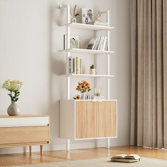 74" Tall Bookshelf with Storage Cabinet, Modern Ladder Bookcase with Wood & Metal Frame, Wall Mount Display Shelf for Living Room, Bedroom, Home Office White and Oak