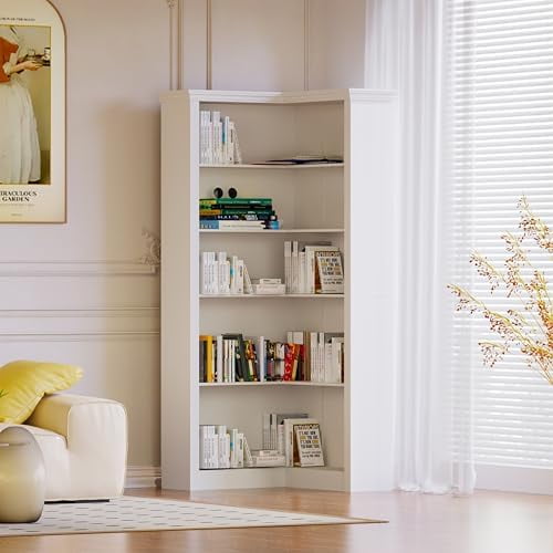 74 Tall Corner Bookshelf, 5 Tier Bookshelf and Bookcase with Open Storage, L Shaped Tall Bookcases Wooden Storage Shelves for Home Office, Living Room$$Home Decor, Kitchen, & Other