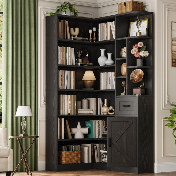 74'' Tall Corner Bookshelf, 6-Tier Book Shelf with Drawer and Cabinets, L-Shaped Bookcase Open Storage Shelves Modern Display Shelf