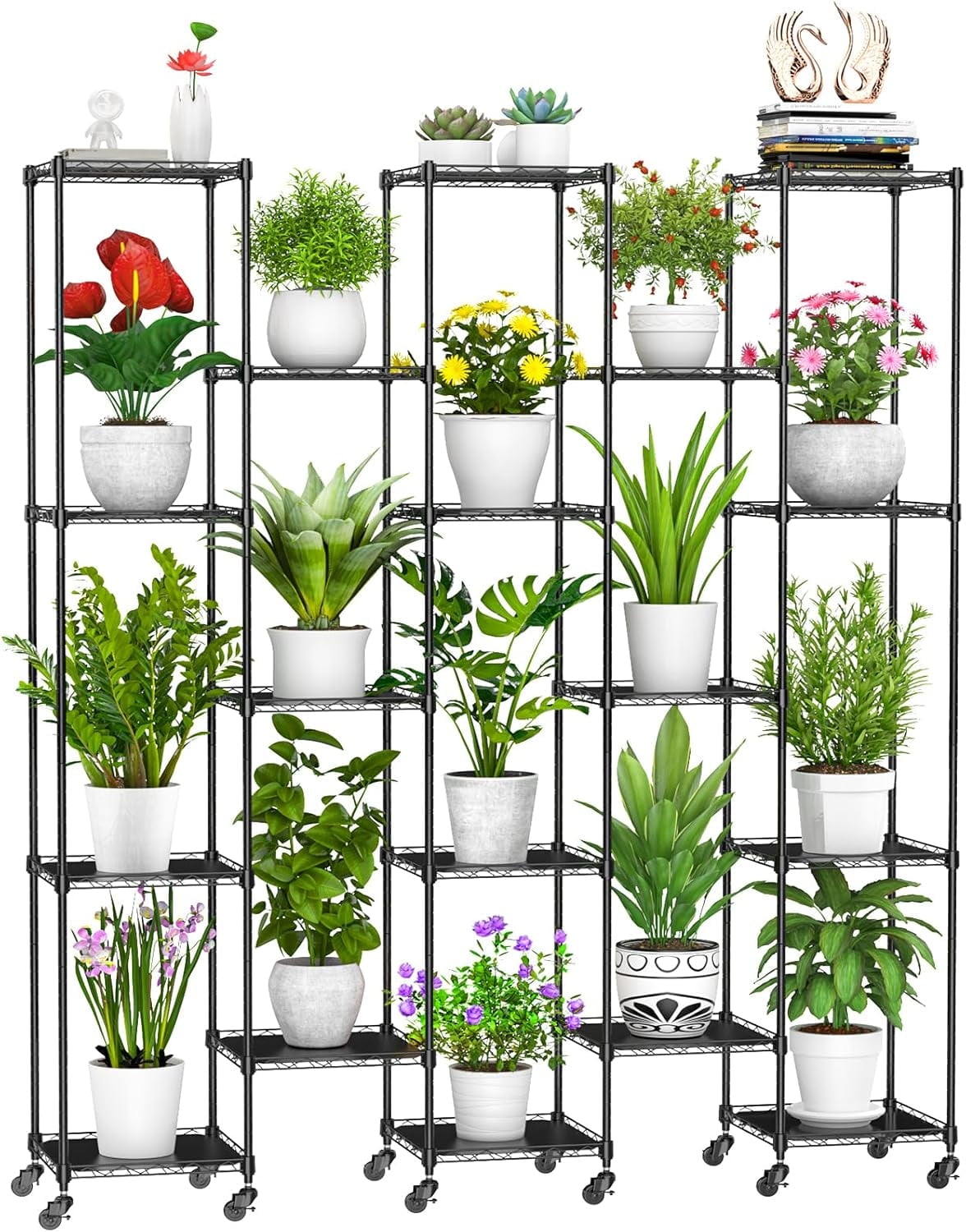 74'' Tall Plant Stand with Wheels, Shelf Height Adjustable Metal Plant ...