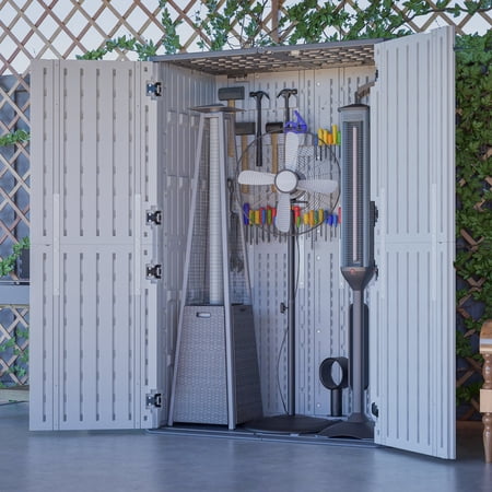 74" Tall Resin Outdoor Storage Cabinet with Adjustable Shelves, Rust-Proof & UV Resistant Vertical Utility Shed for Garage, Backyard, Studio, Chemical Resistant Garden Equipment Locker, White