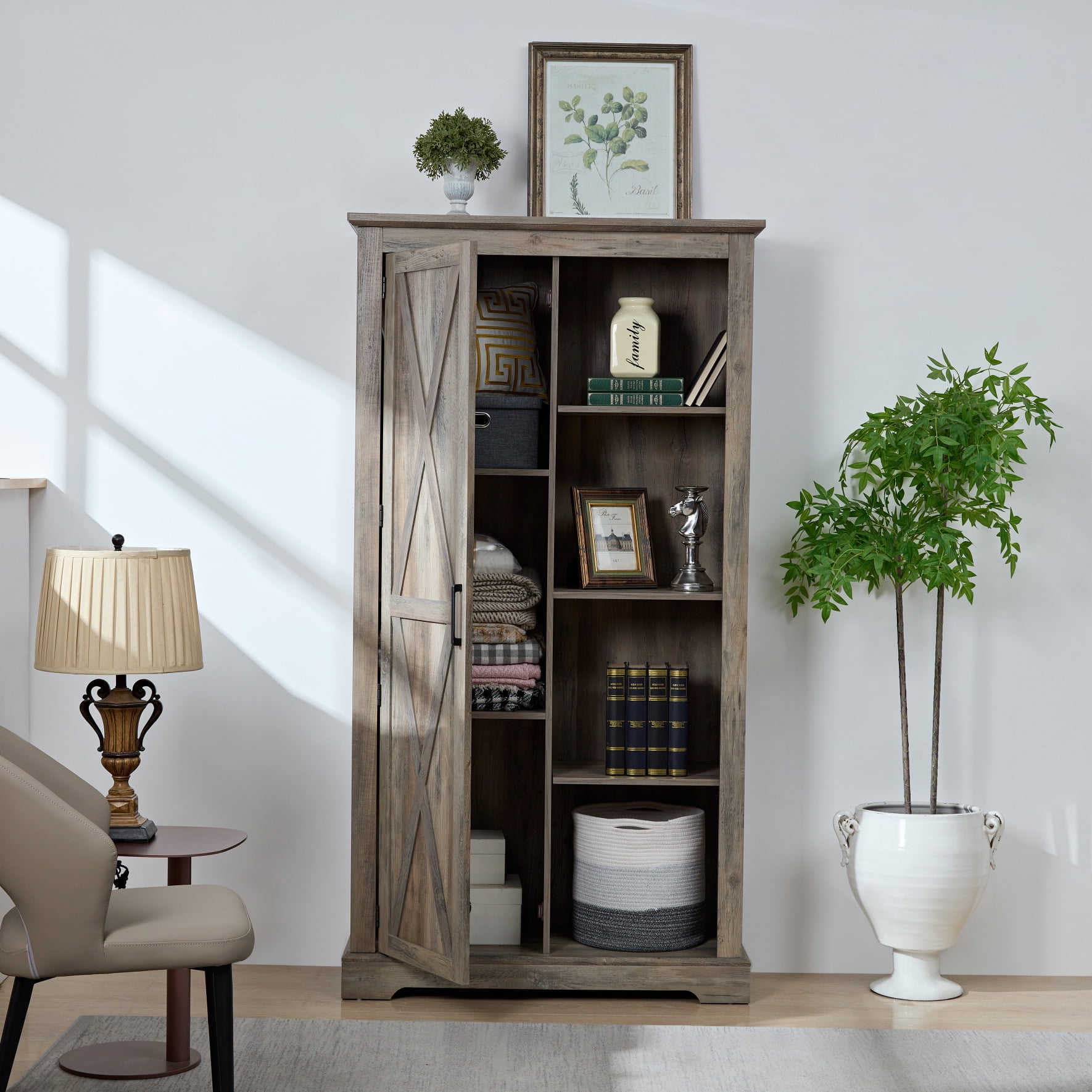 74 Tall Storage Cabinet Modern Multi Function Freestanding Floor Organizer Cabinet with Shelves Wood Rustic Farmhouse Pantry Cupboard for Dining