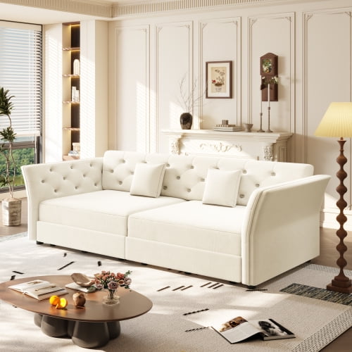 74" Velvet Traditional Sofa, Clearance Couches with Convertible, Modern Sofa Couch with Tufted for Living Room, Beige+White