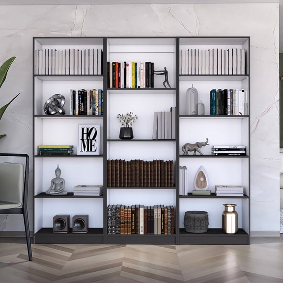 74" Wide Bookcase 3 Piece, 14 Shelves, Matt Gray - White, Living Room Decoration Stylish Design Home Office Storage System, Compact