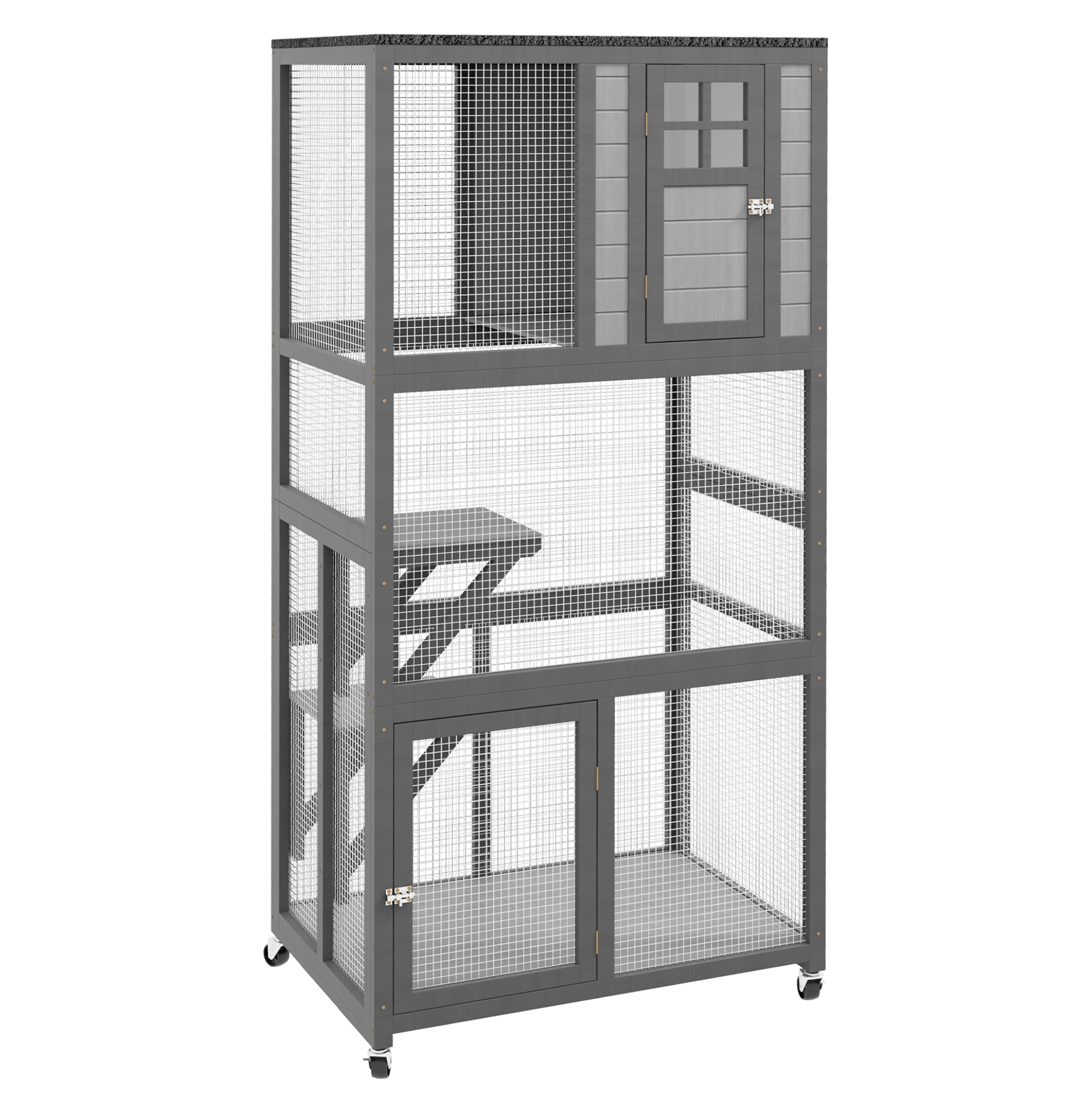 74" Wooden Catio Outdoor Cat House Weatherproof & Wheeled, Outside Cat Enclosure with High Weight Capacity, Kitten Cage Condo, Light Gray