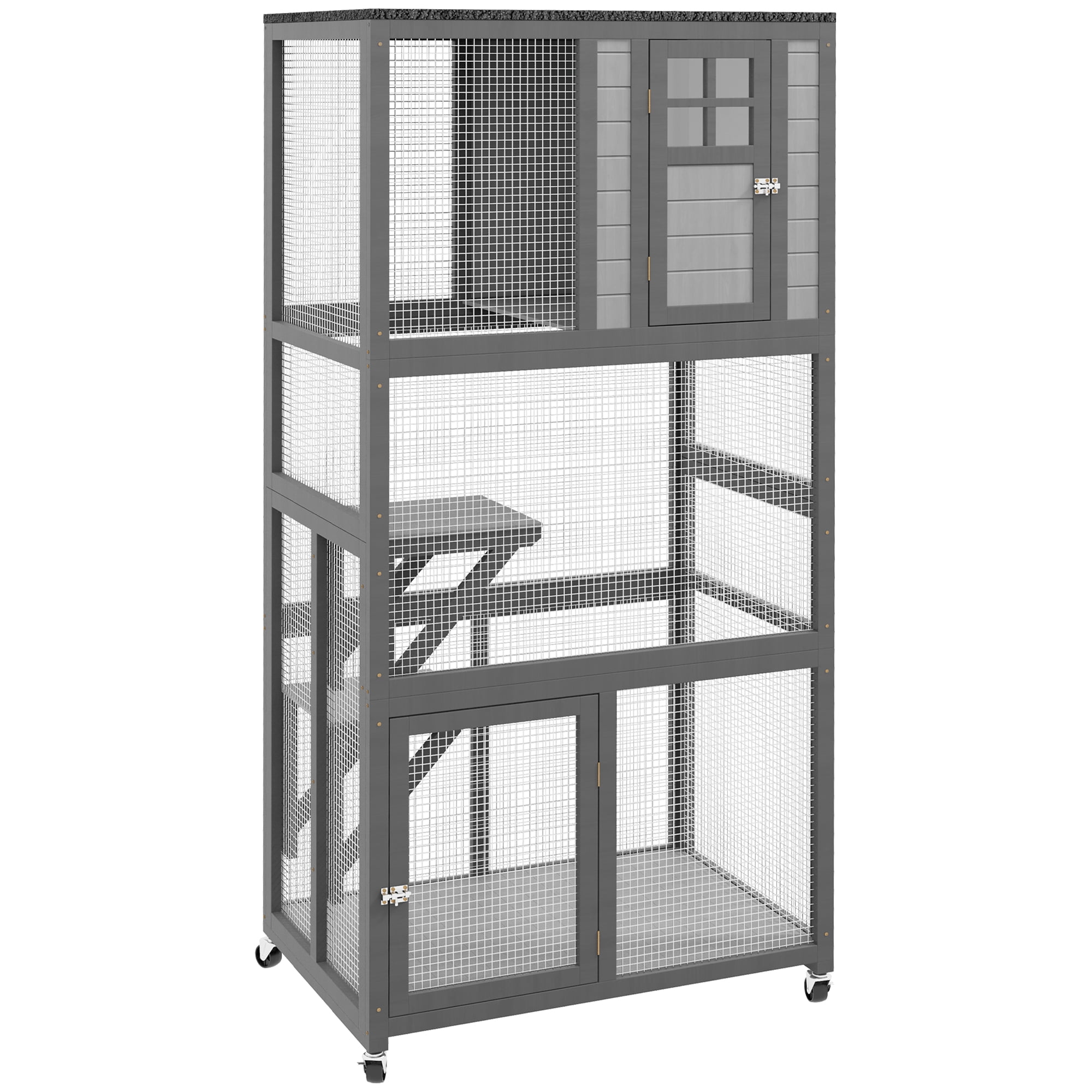 74" Wooden Catio Outdoor Cat House Weatherproof & Wheeled, Outside Cat Enclosure with High Weight Capacity, Kitten Cage Condo, Light Gray