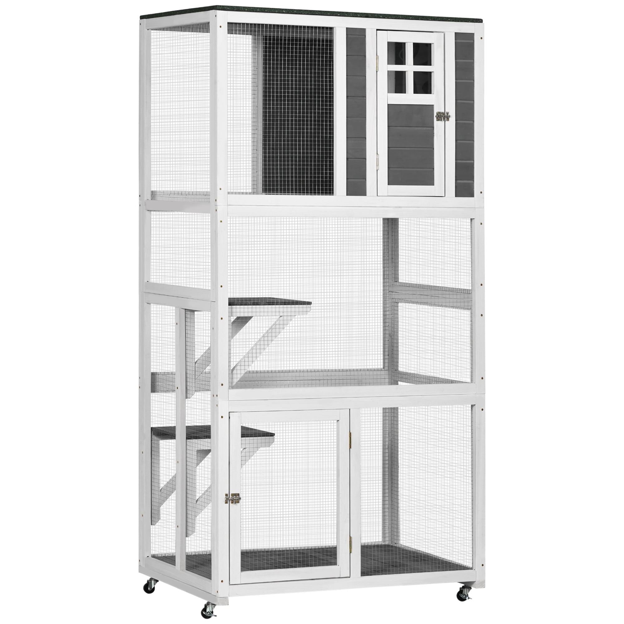 74" Wooden Outdoor Cat House Weatherproof & Wheeled, Catio Outdoor Cat Enclosure with High Weight Capacity, Kitten Cage Condo, Gray