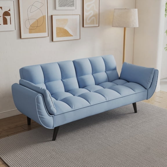 74" blue sofa featuring soft two armrests and throw pillow, suitable for small space bedrooms. Easy to assemble with solid wood + artificial board frame and plastic black legs.