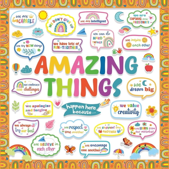 74 count Classroom Bulletin Board Sets, Amazing Things Happen Here Bulletin Board, Boho Rainbow Welcome to School Positive Motivational Cutouts for School Classroom Wall Decor