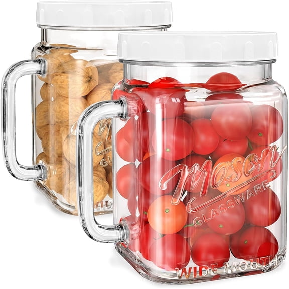 74 oz Wide Mouth Mason Jar w Handle, Airtight Storage Container | Easy-Grip Handle, Scale Marks, Easy Filling & Cleaning, 2 Pcs Jars for Sugar, Flour, Cookie, Pickle, Fruit, and Fridge Drink