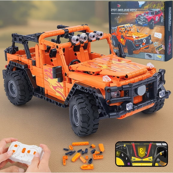 740+ RC Building Car Set, Remote & App Control Off-Road Truck Model Kit for Ages 8-12, Orange