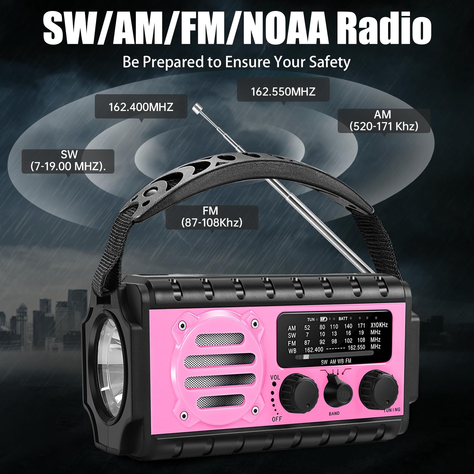 74000mwh Emergency Radio With Noaa Weather  Portable Hand Crank Sw/am/fm Fast Charge Rechargeable Solar Flashlight Reading Lamp Sos Sirenor Home Outdoor(pink)
