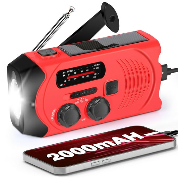 7400mWh Emergency NOAA Weather Radio, Hand Crank Solar Radio with Battery Operated, LCD Display, AUX Music Play, Flashlight, SOS Alarm, Emergency Phone Charger for Emergency
