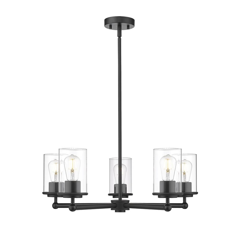 Matte Black 5-Light Steel Chandelier with Clear Glass Shades