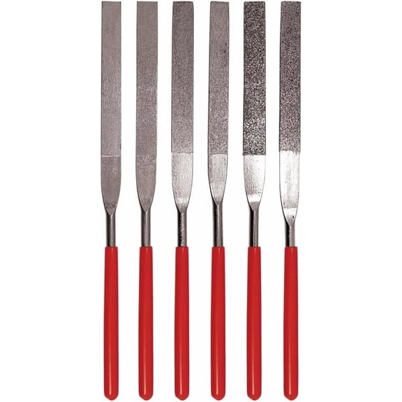 74330DF 6-Piece Flat Diamond Grit File t - Multi-Grit for Metals, Glass, Stones - 7" Length, 2" Diamond Surface, Round Handles - Includes PVC Pouch