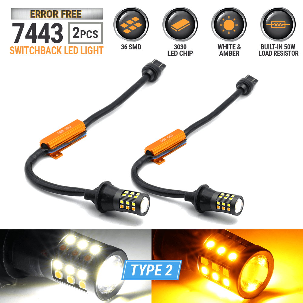 7443 7444 Switchback LED Turn Signal Parking DRL Light Bulbs Dual Color