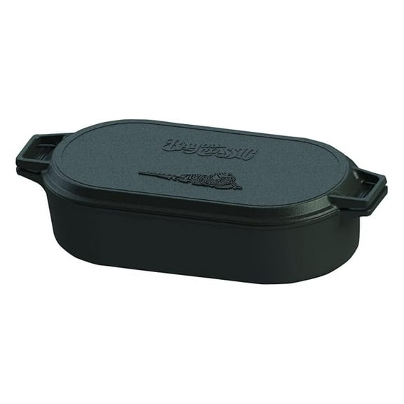7477 6-qt Cast Iron Oval Fryer w/ Griddle Lid Perfect For Large Batch Frying Cooking Whole Chickens Pot Roasts & Reverse Griddle Lid Perfect For Large Batch Breakfast Burgers