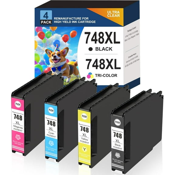 748 T748 T748XL Ink Cartridge High Yield T748XL120 T748XL220 T748XL320 T748XL420 for EPSON Workforce Pro WF-6530 WF-6090 WF-6590 WF-8590 WF-8090 Printer (4 Pack,Black Cyan Magenta Yellow)
