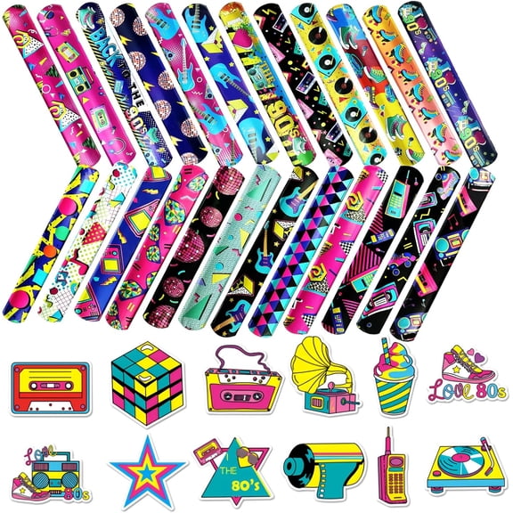 74PCS 80s 90s party decorations 50PCS Retro Theme Stickers&24PCS Slap Bracelets 80s 90s Birthday Supplies Team Gift Filler for Adults