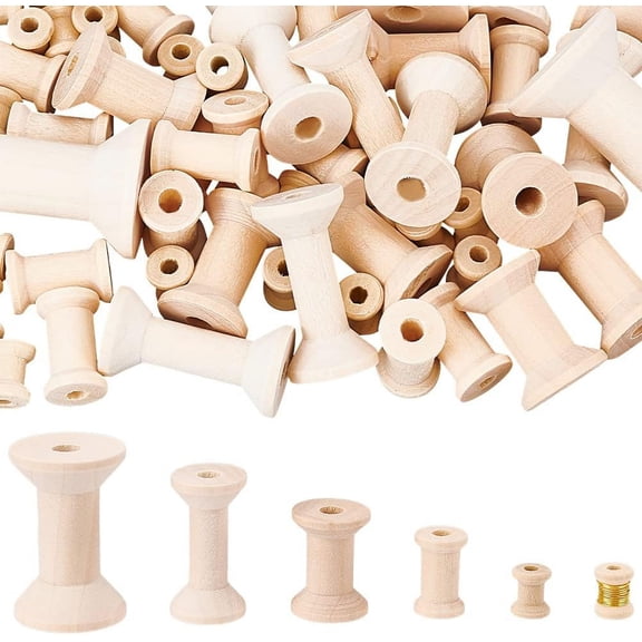 74Pcs 5 Size Wooden Empty Spools Wood Sewing Embroidery Thread Spool Wooden Ribbon Spools Bobbins for Wire Weaving Arts DIY Wood Projects Brown DIY