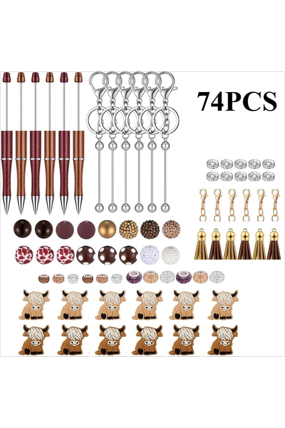 74Pcs Highland Cow Beadable Pens & Keychains Set, Highland Cow Decor, Cow Christmas, Highland Cow Costume, 6 Pens 6 Keychains, Highland Cow Gifts School Office DIY Craft Party Favors