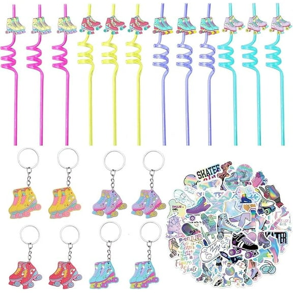 74Pcs Roller Skate Party Favors, 80's Roller Skating Birthday Party Supplies Include Reusable Drinking Straws Skating Keychains Stickers for 90s Throwback Hip Hop Theme Birthday Party Favors