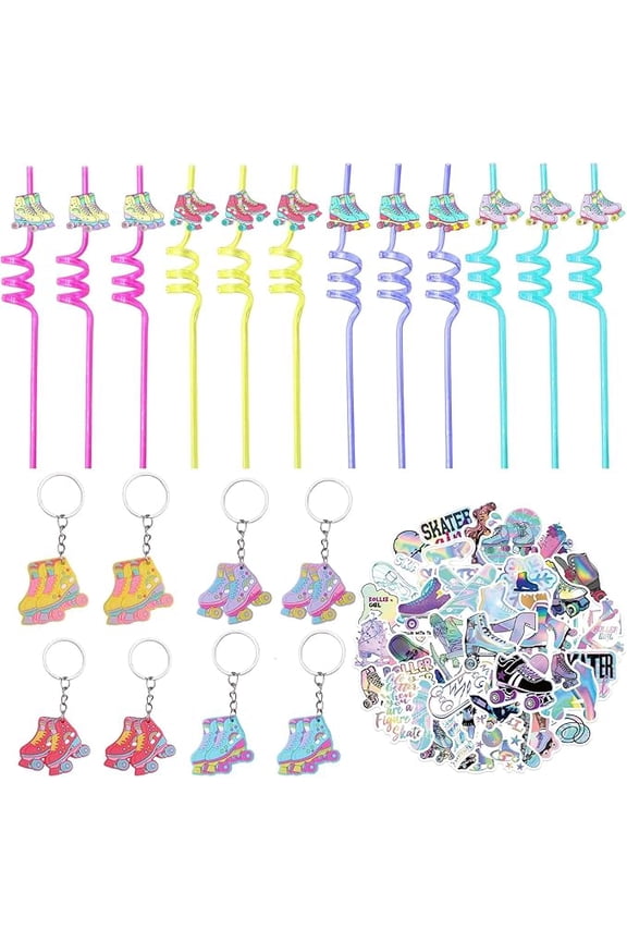 74Pcs Roller Skate Party Favors, 80's Roller Skating Birthday Party Supplies Include Reusable Drinking Straws Skating Keychains Stickers for 90s Throwback Hip Hop Theme Birthday Party Favors