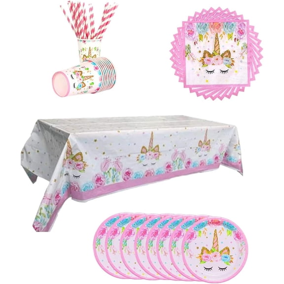 74Pcs Unicorn Themed Party Supplies Decorations Set for Girls Birthday Party, Include Cup Plates Napkins Paper Straw and Tablecloth,Disposable Tableware Set for Baby Shower,Serves 16 Guests