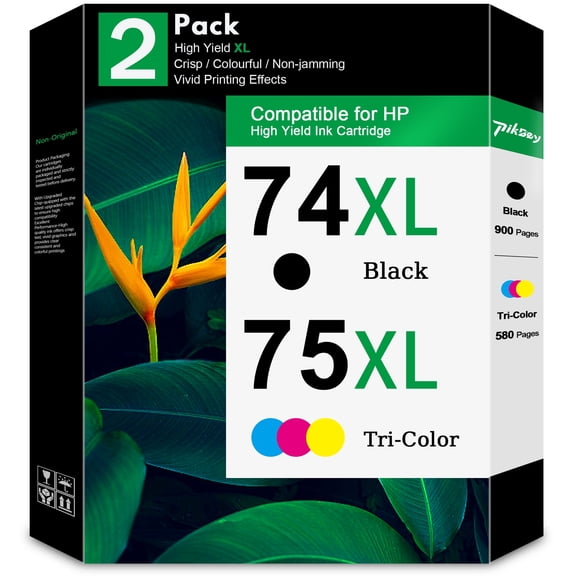 74XL 75XL Ink Cartridge 2-Pack Black/Tri-Color Compatible for HP 74 75 Ink Cartridges for C4480 C4280 C5280 C5550 D4360 D4260 D4280 Printers