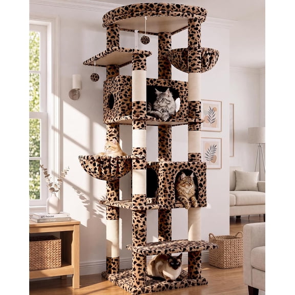74in Leopard Heavy Duty Cat Tree Tower for Indoor Large Cat,Leopard Print