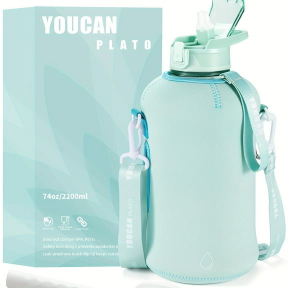 74oz/2200ml Half Gallon Large Water Bottle with Sleeve & Straw, Leakproof Gym Water Jug with Handle, BPA-Free Big Workout Water Bottle