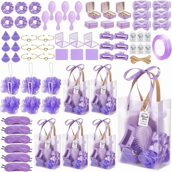 74pcs Party Favors Set with Headbands, Brushes, Jewelry Boxes, Bracelets & Gift Bags - Bridal Shower Game Prizes, Christmas Party Supplies (Green/Purple)