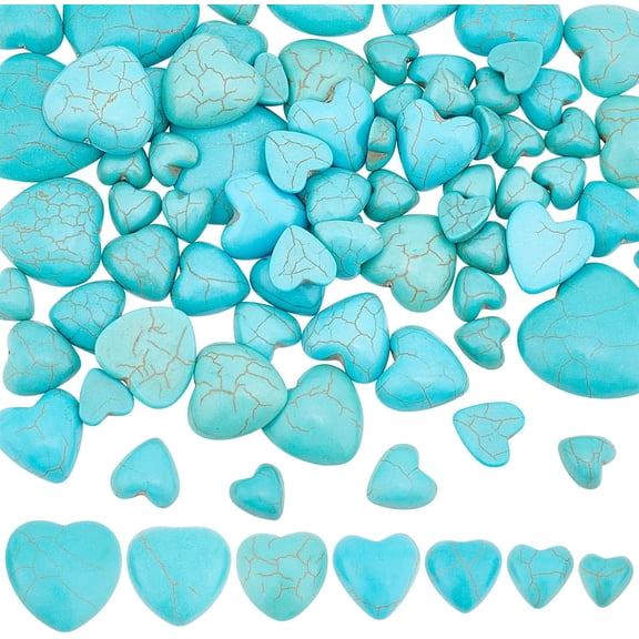 74pcs Turquoise Stone Cabochons 7 Sizes Heart Gemstone Tiles Blue Texture Gemstone Tiles Dome Bead Stone Cabochon Tile