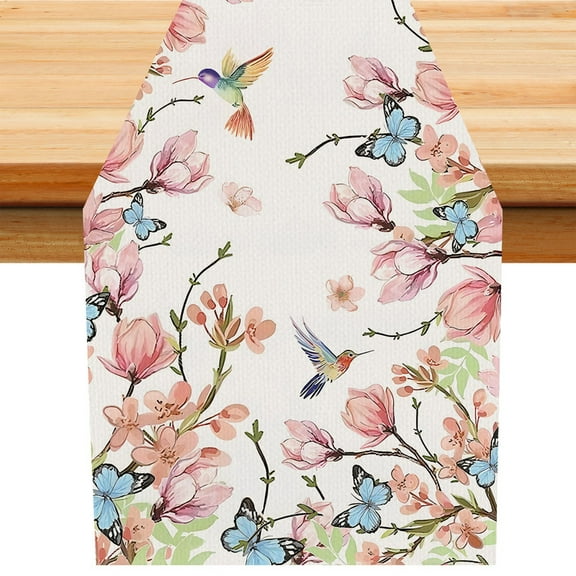 74x14 Inch Flowers Bird Butterfly Table Runner,Spring flowers Dining Table Decoration for Seasonal Home Decor