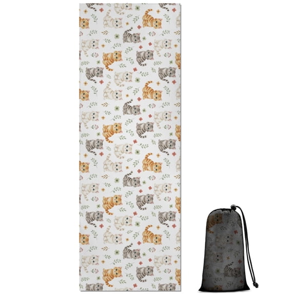 74x26 Inch Yoga Towel, Sweat Absorbent Non-Slip Mat for Hot Yoga, Pilates & Fitness,Cat Floral Kitten White Pattern