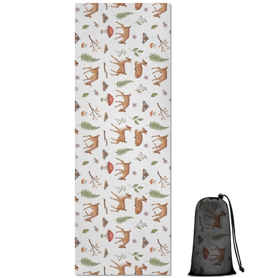 74x26 Inch Yoga Towel, Sweat Absorbent Non-Slip Mat for Hot Yoga, Pilates & Fitness,Deer Forest Mushroom White Pattern
