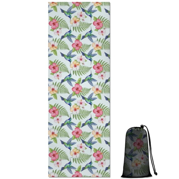 74x26 Inch Yoga Towel, Sweat Absorbent Non-Slip Mat for Hot Yoga, Pilates & Fitness,Hummingbird Floral Hibiscus Fern Light Blue Pattern