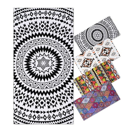 74x36 Inches Oversized Microfiber Beach Towel for Adults, Extra Large Xl Big Giant Quick Fast Dry Travel Pool Stuff Black White Boho Bohemian Mandala