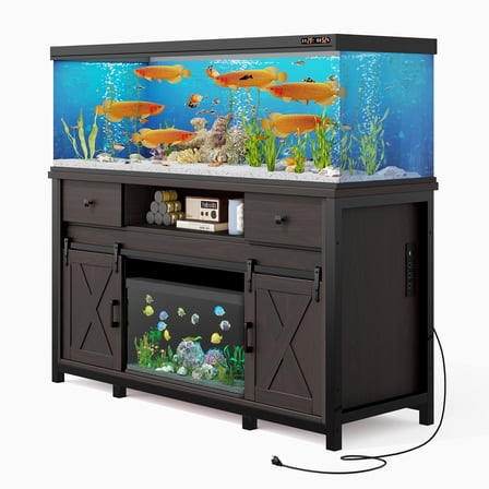 75-120 Gallon Fish Tank Stand with Power Outlet, Heavy Duty 1000lb Capacity Aquarium Cabinet, Rustic Farmhouse Style with Adjustable Storage & Sliding Barn Doors