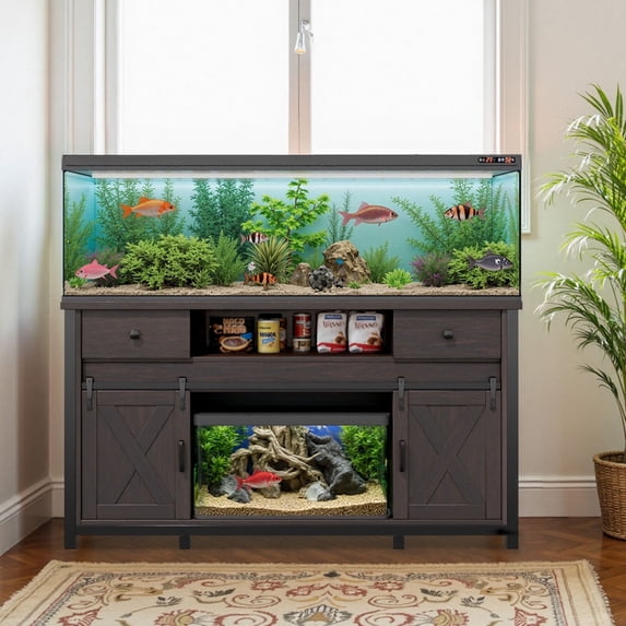75-120 Gallon Heavy Duty Aquarium Stand with Power Outlet, Rustic Farmhouse Style, 1000 lb Capacity, Adjustable Storage & Sliding Barn Doors