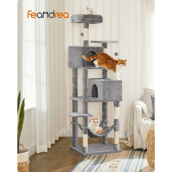 75.2-Inch Cat Tree Cat Tower for Indoor Cats,Plush Multi-Level Cat Condo with 5 Scratching Posts, 2 Perches, 2 Caves, Hammock, 2 Pompoms,Light Gray