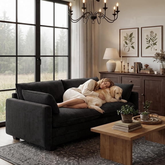 Noelse 75” Cloud Loveseat with Comfy Double Layer Upholstered Cushion, 2 Seater Modern Overstuffed Love seat Couch with Removable and Washable Corduroy Fabric for Living Room or Small Places, Black