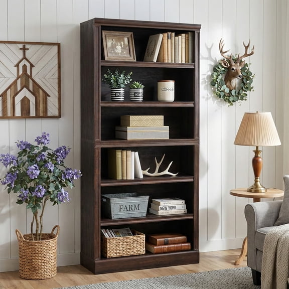 75.2" Tall 6-Tier Bookshelf with Adjustable Shelves, Wood Open Bookcase Storage Shelf For Home office Walnut