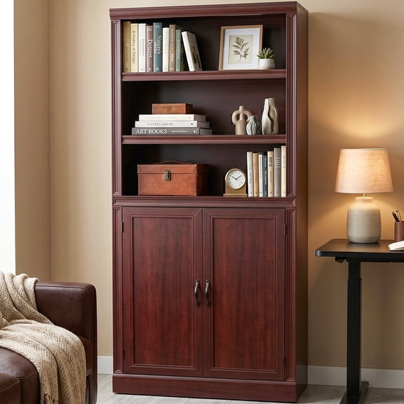 75.2" Tall Bookcase, 6-Tier Bookshelf with 2 Doors for Living Room, Kitchen, Home Office, Classic Cherry Finish